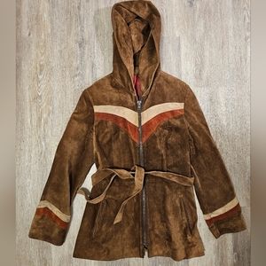 Womans Vintage Leather/ suede hooded coat jacket brown with belt